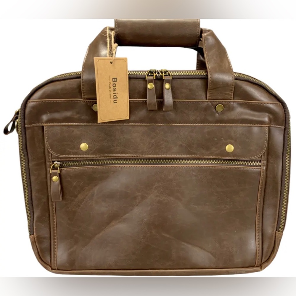 ⭐️ NWT BOSIDU leather professional briefcase laptop computer bag with strap ⭐️